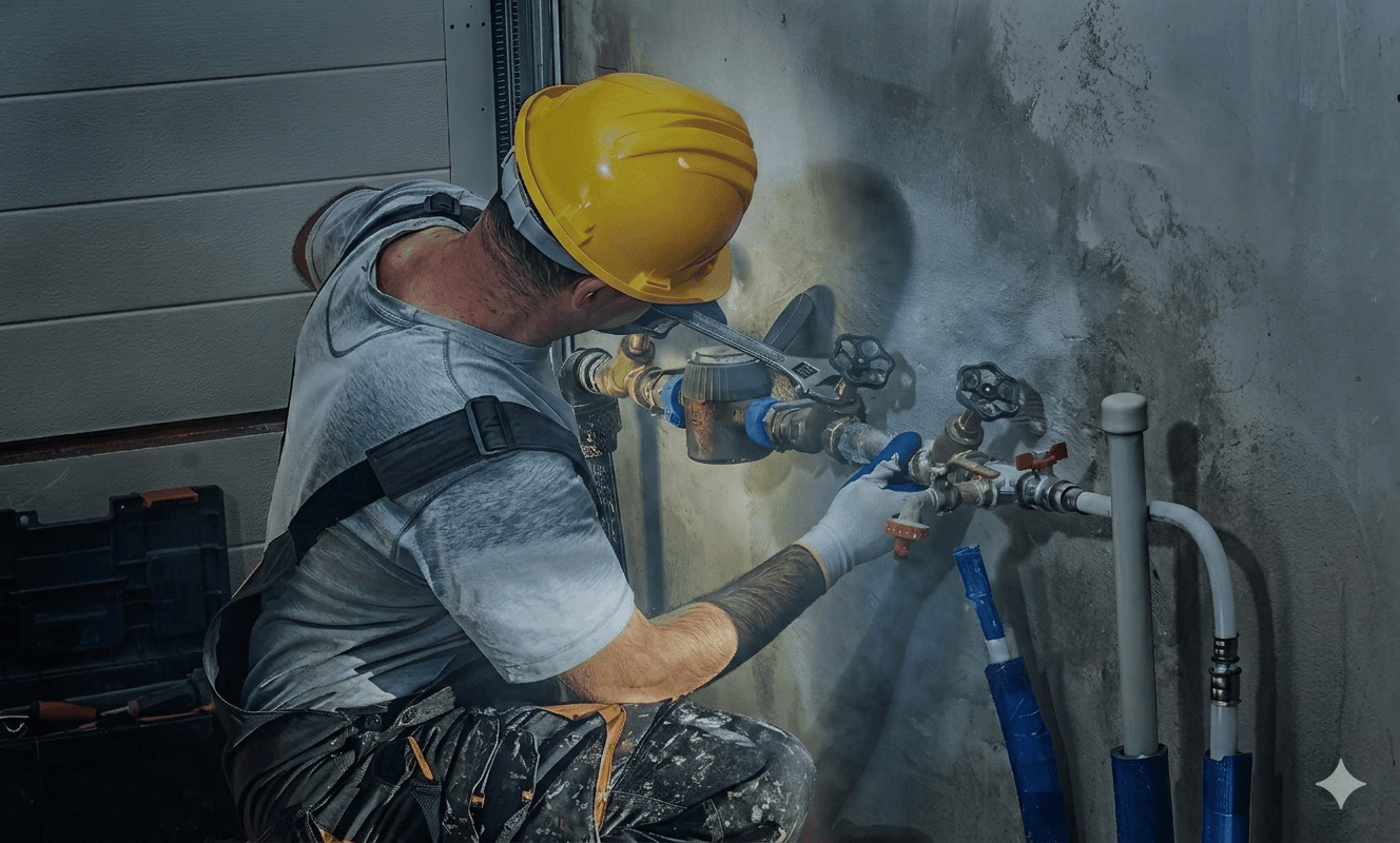 Plumbing contractor work scene