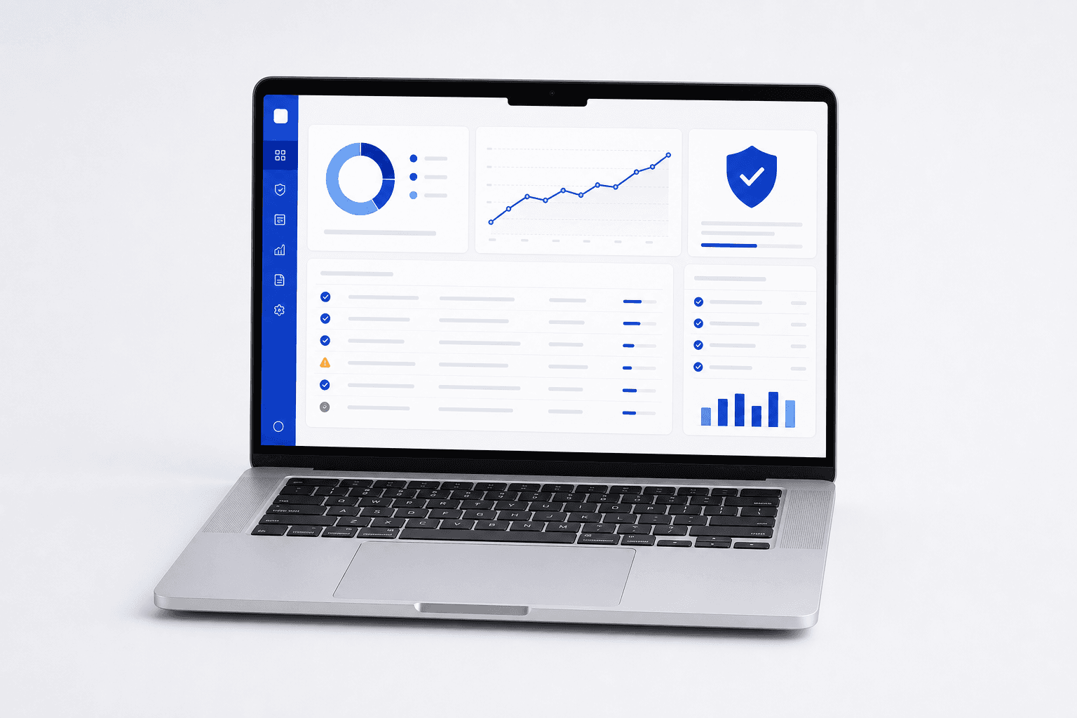 Silver laptop displaying an illustrative blue compliance dashboard